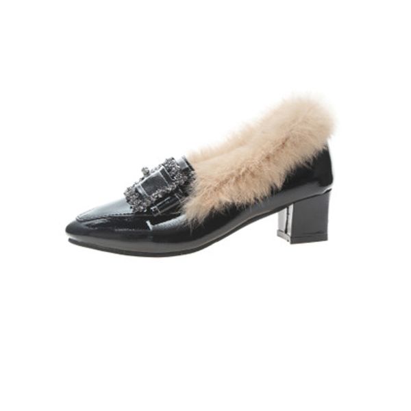 

2020 autumn and winter thick heel fashion casual pointed metal rhinestone plus fluffy female belt with single shoes, Black