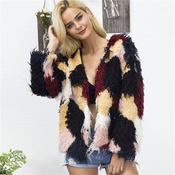 

winter coats designer fur coat elegant long sleeved v-neck fashion women faux fur coats contrast color women, Black