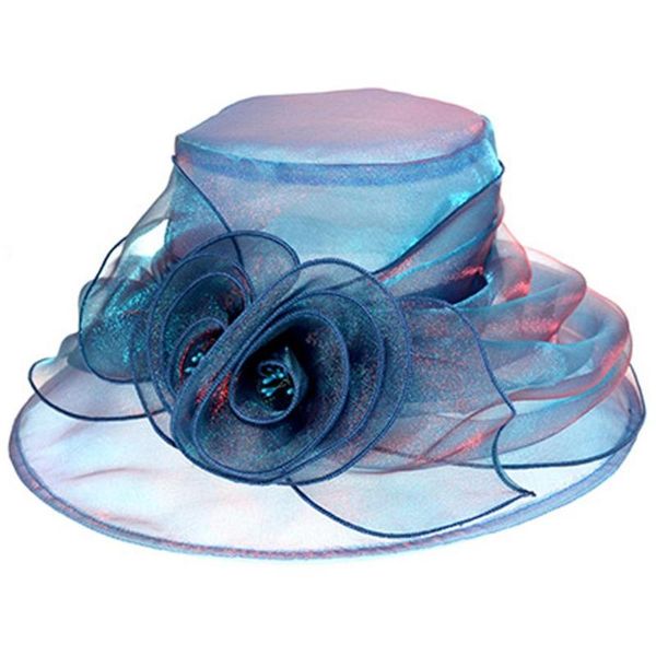 

lady summer hat with ruffle brim and flower trim for wedding or s10-3188, Blue;gray
