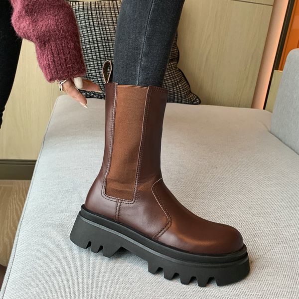 

women platform mid-calf boots round toe casual shoes autumn winter genuine leather shoes woman basic motorcycle boots, Black