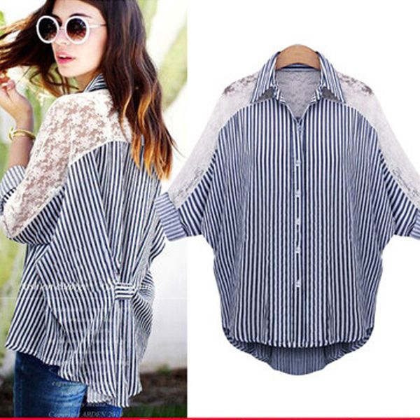 

women's blouses & shirts europe style large plus size l-5xl women shirt blouse loose casual striped batwing sleeve autumn lack female, White