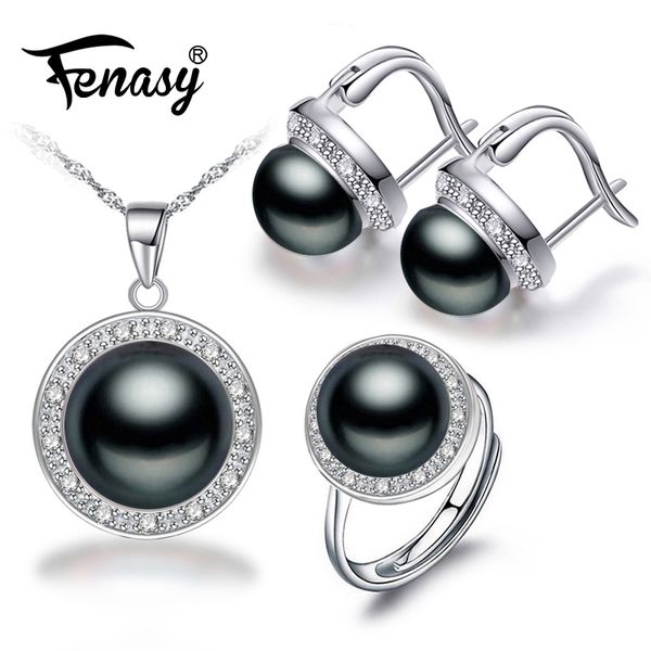 

fenasy natural freshwater 925 sterling silver pearl necklace jewelry sets for women punk statement pearl ring clip earrings sets, Golden;silver