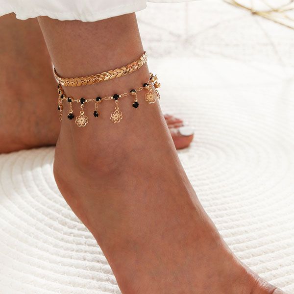 

s1649 fashion jewelry double layer anklet flowers tassels chain anklet set, Red;blue