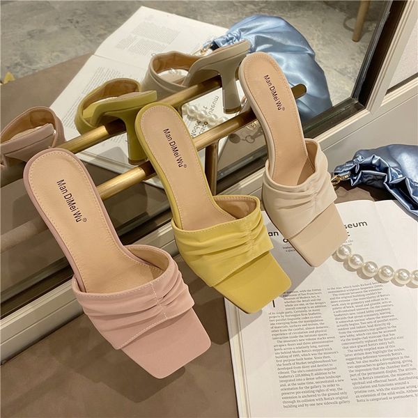 

elegant folds sewing square toe women sandals thin super high heels slippers comfy anti-skid vintage square toe sandalias mujer, Black