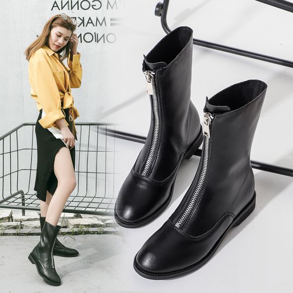 

spring and autumn new thick heel boots british style front zipper ghost short boots large size women's, Black