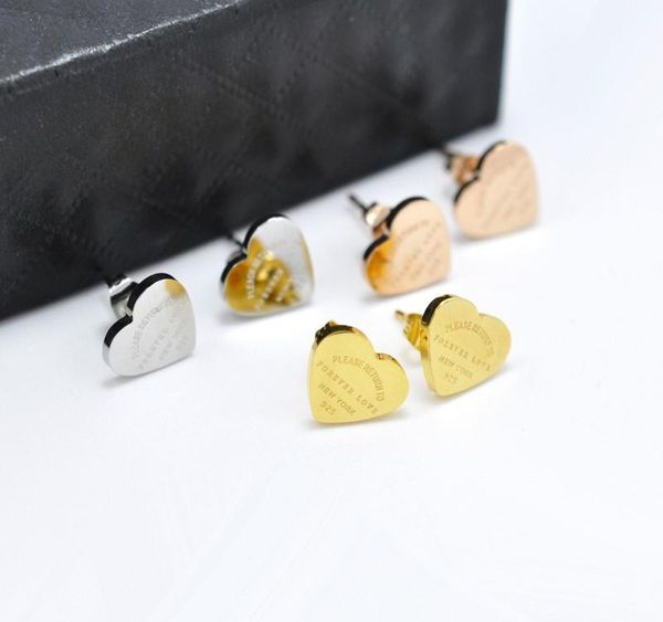 

fysara luxury heart love earrings for women rose gold-color heart stud earrings with english letters fine jewelry002, Golden;silver