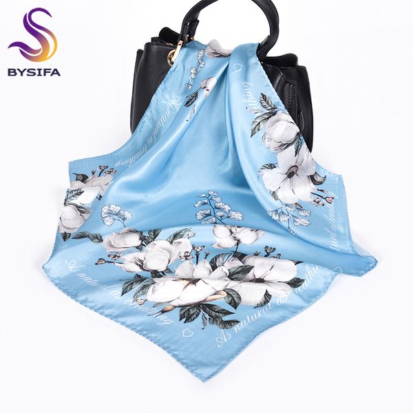 

bysifa] 100% pure silk scarf women chinese style brand neck scarf ribbon grade luxury crepe satin silk small square scarves, Blue;gray