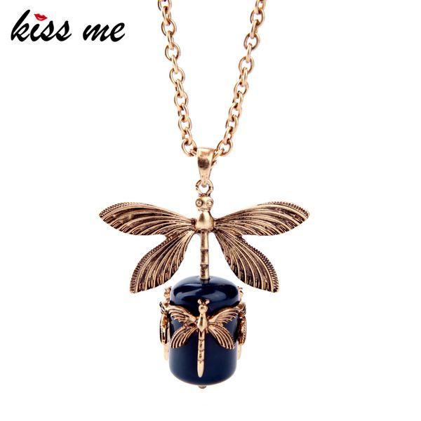 

kissme vintage gold color alloy dragonfly pendant necklace for women long sweater chain dark blue formica necklace accessories, Silver