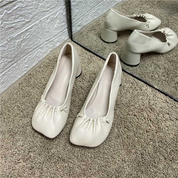 

deat 2020 spring and autumn square head shallow mouth pleated low-thick high heel single shoes women se855, Black