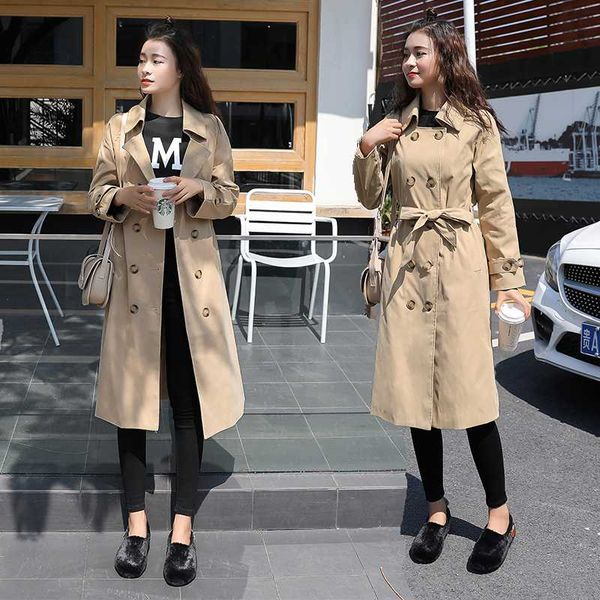 

2020 autumn new korean students loose over the knee khaki coat windbreaker female long section, Tan;black