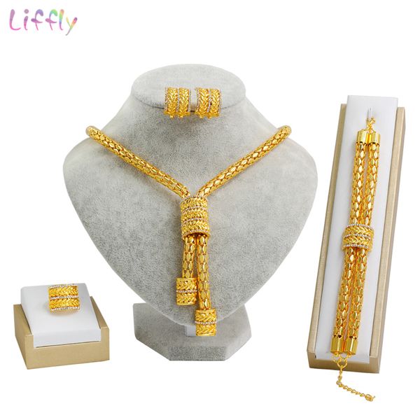 

liffly bridal african jewelry sets fashion gold necklace earrings ring zircon bridesmaid dubai gold jewelry sets for women y200810, Slivery;golden