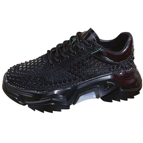 

rivets sneakers thick bottom women sneakers studs retro lace up ladies shoes casual sports shoes feniminal, Black