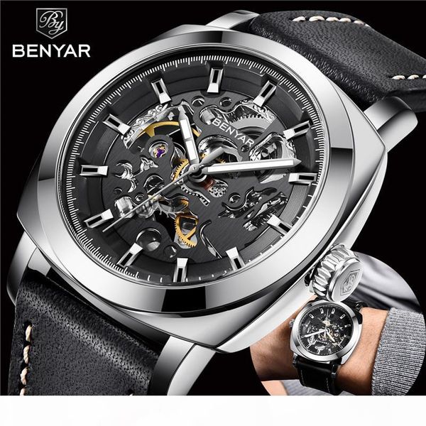 

benyar men's watches brand business fashion mechanical waterproof skeleton wrist watch leather clock's man relogio masculino, Slivery;brown