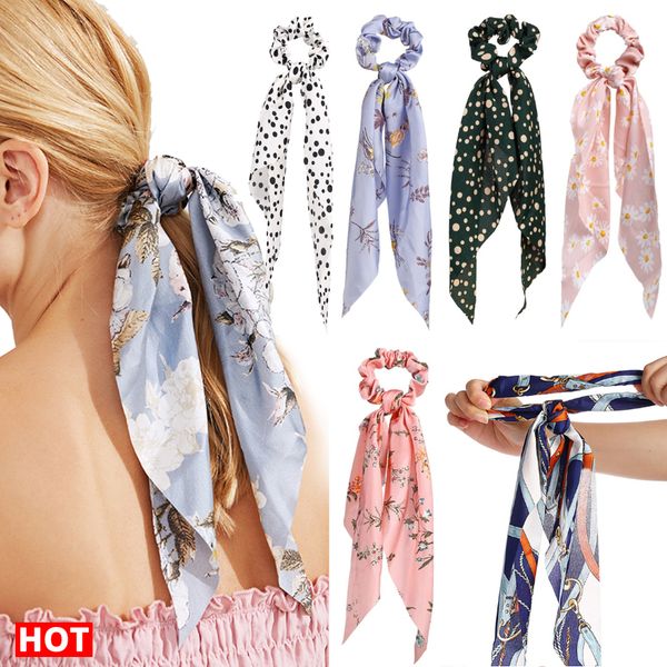 

new chiffon silk bow long scrunchies for girls ribbon ponytail holder scarf hair tie hair bands fashion women hair accessories, Silver