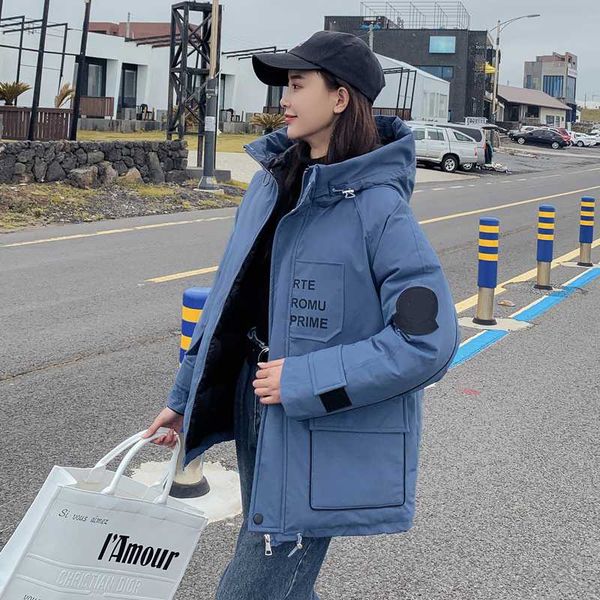 

korean women winter long jackets loose thick parka hooded safari style letter print cotton padded coat femme cazadora mujer, Black