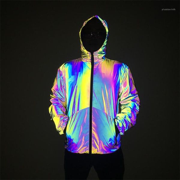 

mens night colorful reflective hooded jacket gradient color zipper hooded hip hop style coats casual mens clothing autumn winter, Black;brown