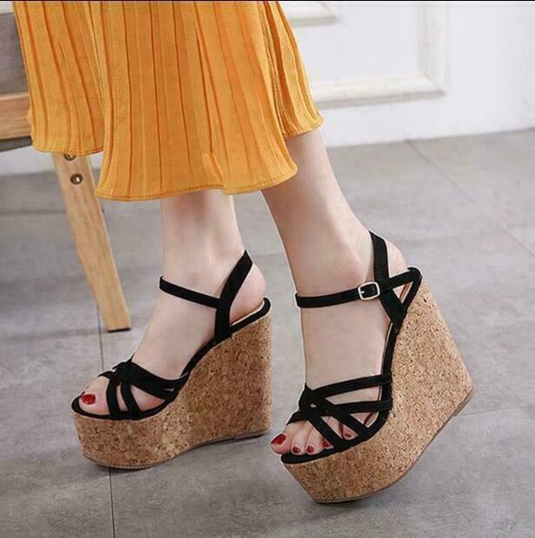 

womens wedge platform high heels cross straps sandals ankle buckles fashion new, Black