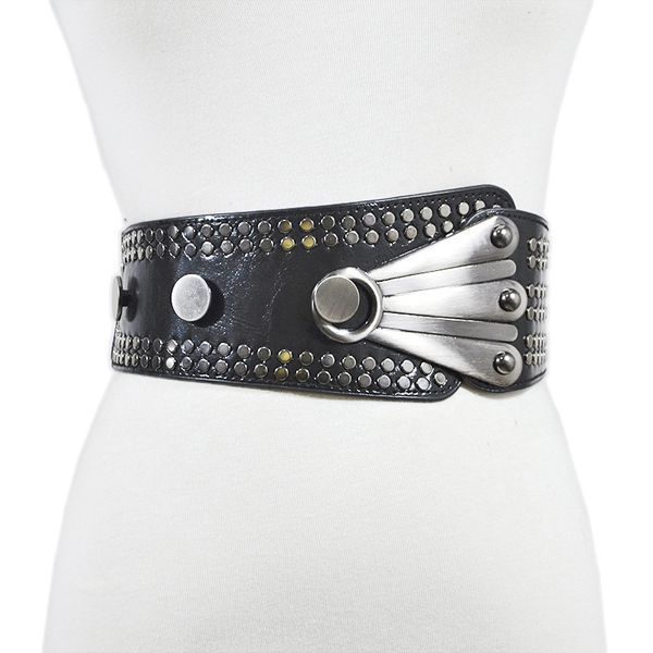 

new rivet punk style wide belt women pu leather waistband lady fashion elastic belt female cintos cinturon, Black;brown