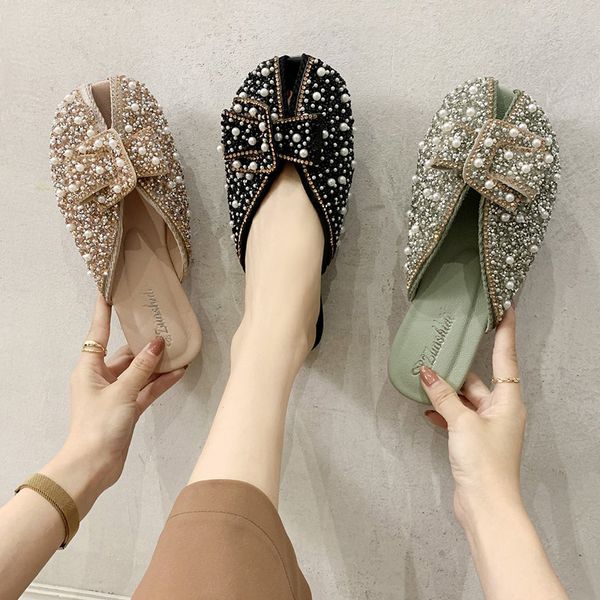 

flat shoes female slippers women summer glitter slides string bead cover toe fashion pantofle loafers beach jelly luxury 2020, Black