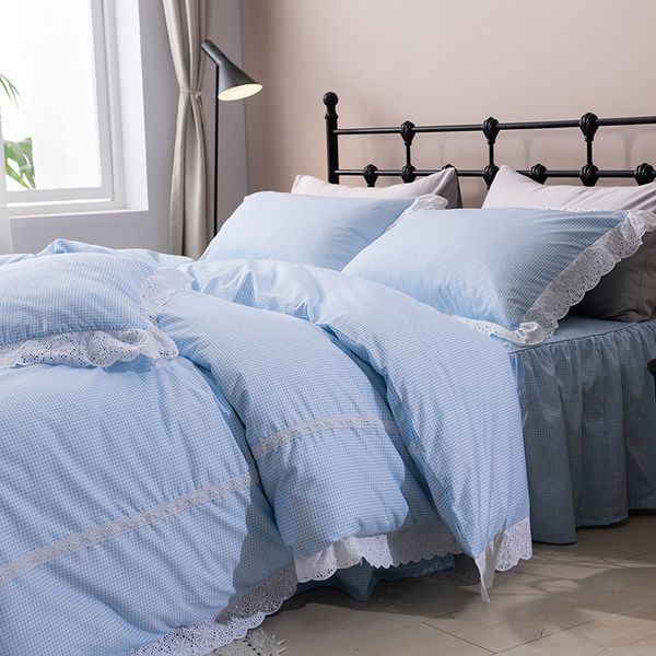 

pastoral embroidery ruffles bedsheet set blue plaid cotton bedding set ropa de cama bed sheets and pillowcases duvet cover