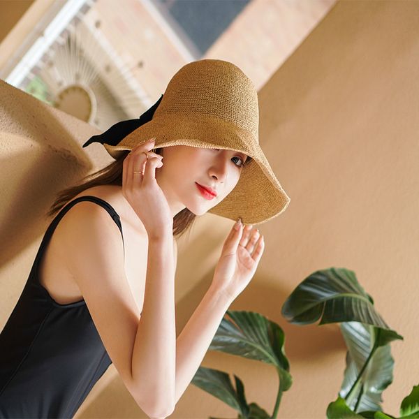 

2020 new fashion bow raffia sunhat hollow big brim beach hat vacation leisure basin hat spring summer women sunhat sun visor, Blue;gray