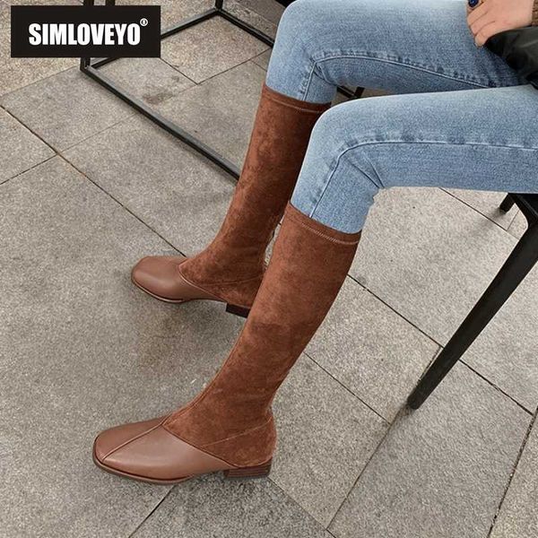 

simloveyo autumn strech knee-high boots mixed color square toe flat zipper big size 34-43 brown black apricot daily b2056