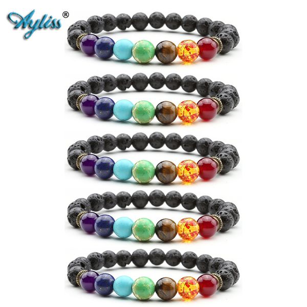 

beaded, strands ayliss 2021 wholesale 7 chakra crystal beads lava rock gem stone for essential oil charm bracelet men women 5pcs / 10pcs, Black