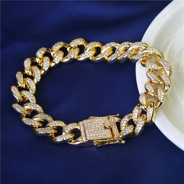 

gold plated bracelet men thick zircon bracelet women cuban link hand chain hip-hop street jewelry gift couple pulsera bangle, Golden;silver