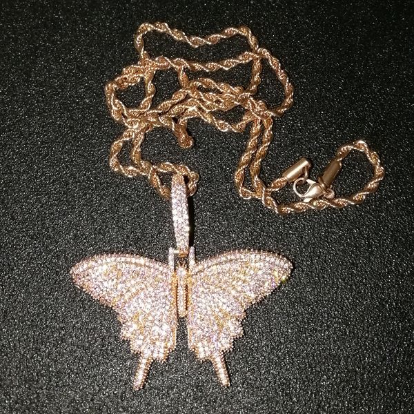 

iced out animal pink butterfly pendant necklace with chain rosegold gold silver cubic zircon men women hiphop rock jewelry