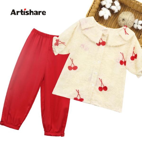 

summer clothes for girls cherry girls clothing tshirt + pants children clothes girl casual style children's tracksuits, White