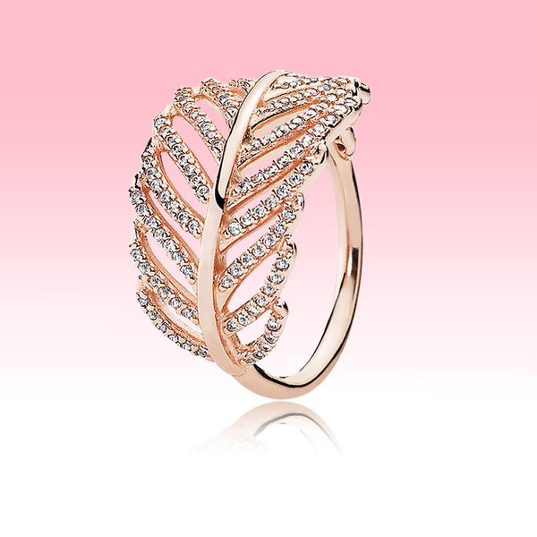 

rose gold plated rings women girls wedding gift jewelry for pandora real 925 silver light feather ring wiht original box, Slivery;golden