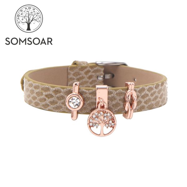 

somsoar jewelry genuine leather wrap braceletset set with tree of life story slide charms bands mixed 10 design, Golden;silver