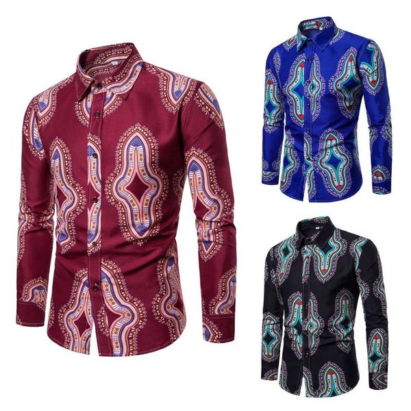 

african style printed lapel long sleeve men shirt fashion casual lapel printing men casual shirt slim fit colors blue red black, White;black