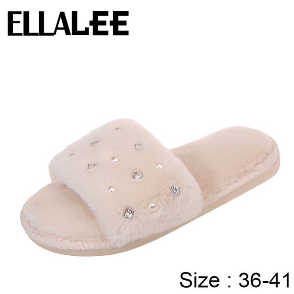 

fur slippers women autumn/winter slippers female new pearl soft sole open toe indoor warm cotton, Black