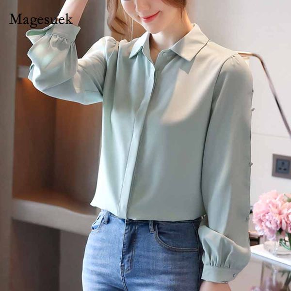 

2020 autumn new women turn-down collar solid chiffon blouse cardigan long button sleeve loose elegant shirt blusas mujer 10882, White