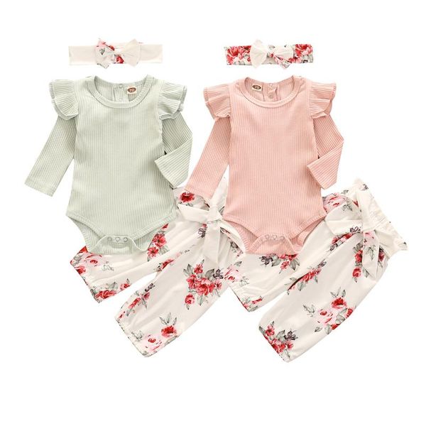 

2020 new fall autumn baby girls 3pcs clothes pink/green solid color long sleeve bodysuit+ floral print long trousers+ headband, White