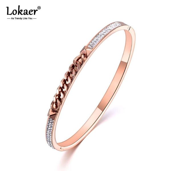 

lokaer rose gold stainless steel chain & rivet cubic zirconia cuff bangles bracelets lovers jewelry valentine's day gift b19028, Black