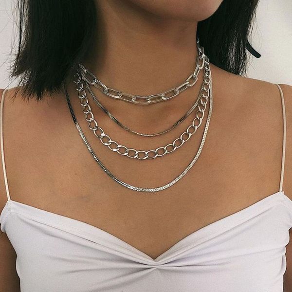 

punk silver color link chains multilayer necklace for women ladies exaggeration big chain choker necklace statement jewelry