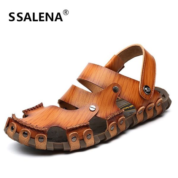 

summer men leather sandals men cut out closed toe footwear outdoor sport slip on anti-slip slippers size 38-44 40305, Black