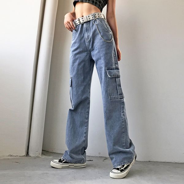 

vbtybl spring and autumn new retro style high waist solid color straight jeans women streetwear blue 100% cotton cargo pants