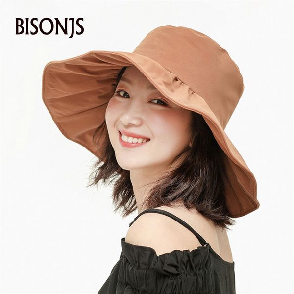 

bisonjs new big edge sun hat women's fashion solid cotton pleated cotton fisherman hat female beach caps ty037, Blue;gray