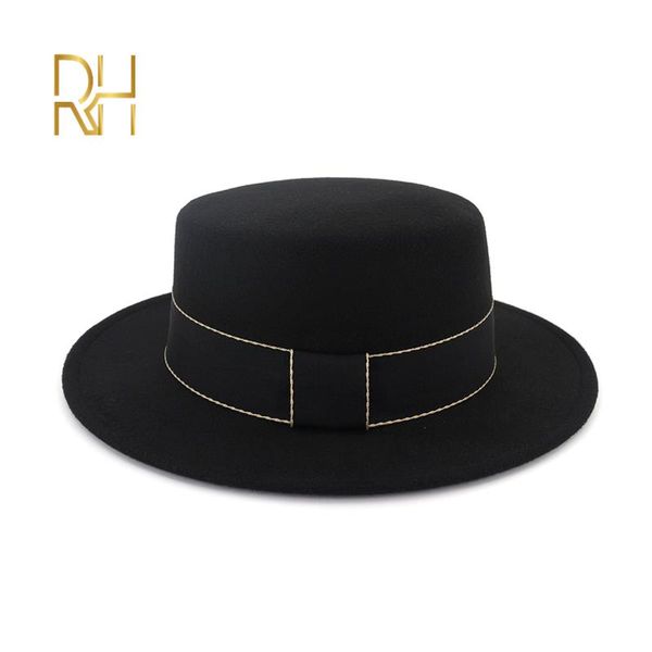 

wide brim plain fedora hats for women men flat jazz woolen felt hat black trilby chapeau with ribbon band rh, Blue;gray