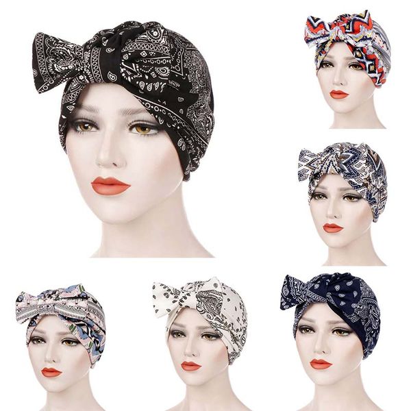 

duojiaoyan new printed removable bow hat cashew flower muslim baotou hat turban, Blue;gray
