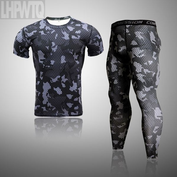 

men's compression sport suit quick dry running set clothing t-shirt outdoor joggers training gym fitness tracksuit sportswear, Gray