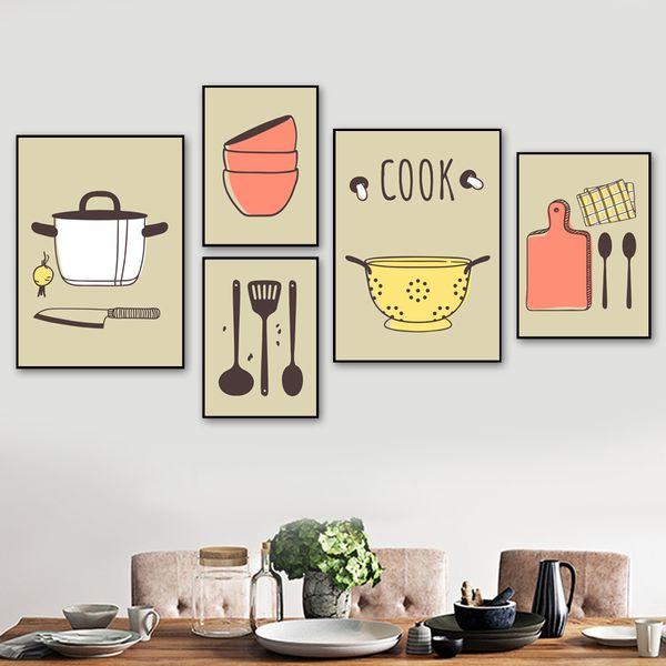 

cartoon bowl spoon pot cooking wall art canvas painting nordic posters and prints wall pictures for kitchen restaurant decor