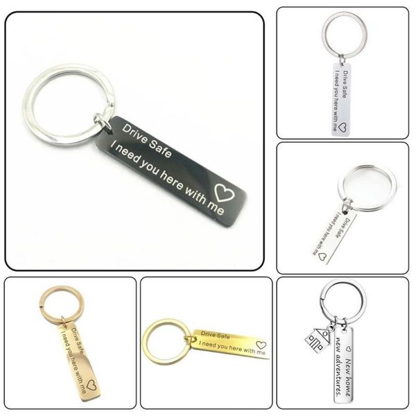 

engraved keychain personality bag charm custom name keychain drive safely i need you here with me car key ring for couples gift, Silver