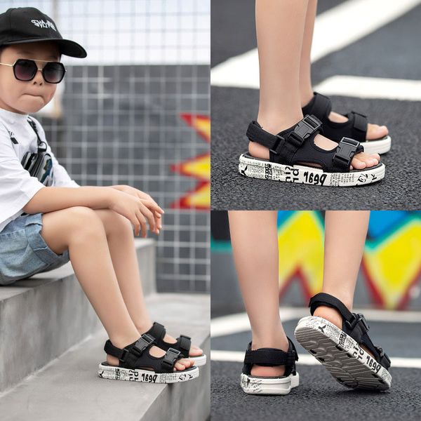 

boys' sandals new summer korean-style children's soft bottom teemagers beach shoes light-weight canvas slides shoes espadrilles, Black;red