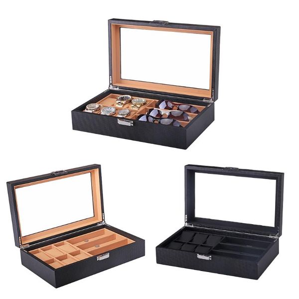 

glass 9 slots watches sunglasses eyeglasses case jewelry display organizer showcase shop retailer, Black;blue