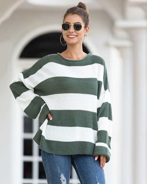 

20fw spring and summer new european and american women's sweaters women's curled round neck striped color matching sweater, White