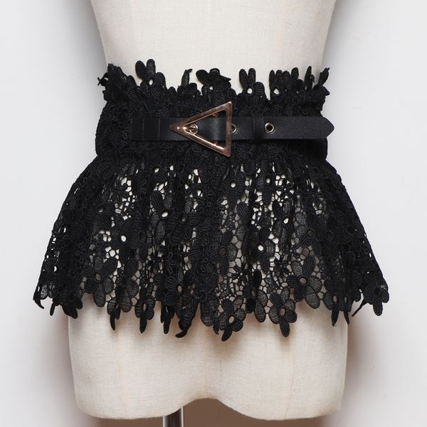 

fashion wide lace crochet waist belts for women white black flower lace elastic waistband elegant ladies corset strech belts, Black;brown